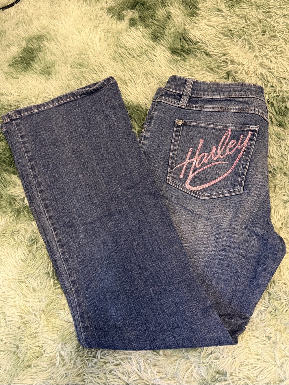 Harley-Davidson Women's Dark Blue Jeans with Pink Pocket Script